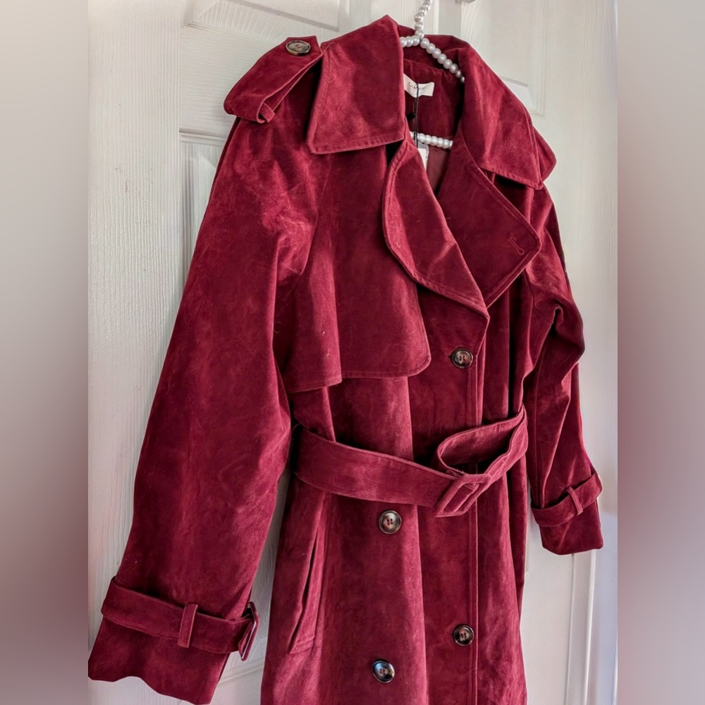 Commense Belted Double-Breasted Suede Effect Long Trench Coat - Picture 9 of 16